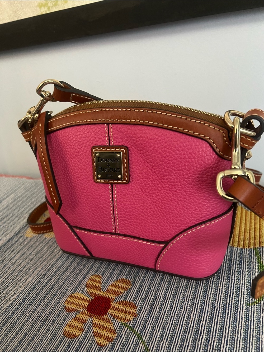 Dooney & Bourke Hot Pink Pebble Leather Domed Crossbody with Brown Trim - Picture 4 of 11